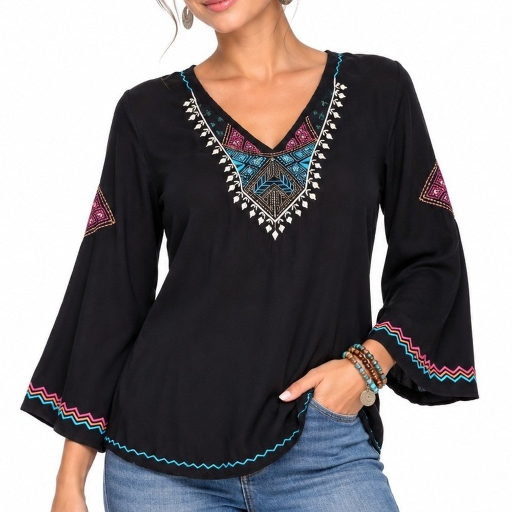 Scully Tunic Women S Black Boho Embroidered Bell Sleeve Western V-Neck Top